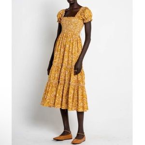 O.P.T. | Anthropologie Daphne Smocked Square Neck Dress in Yellow Floral